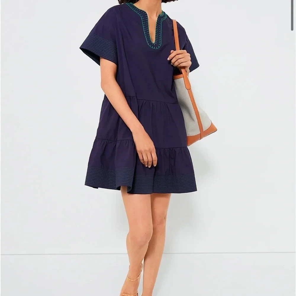 Tuckernuck Pomander Place Kinsley Dress M Navy Tiered Coastal Preppy Effortless